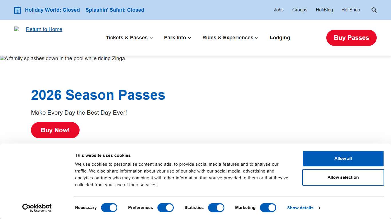 2026 Season Passes Holiday World Theme Park & Splashin' Safari Water Park