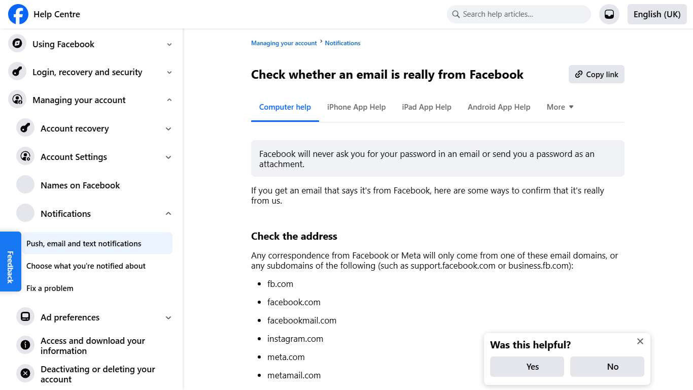 Check whether an email is really from Facebook Facebook Help Centre